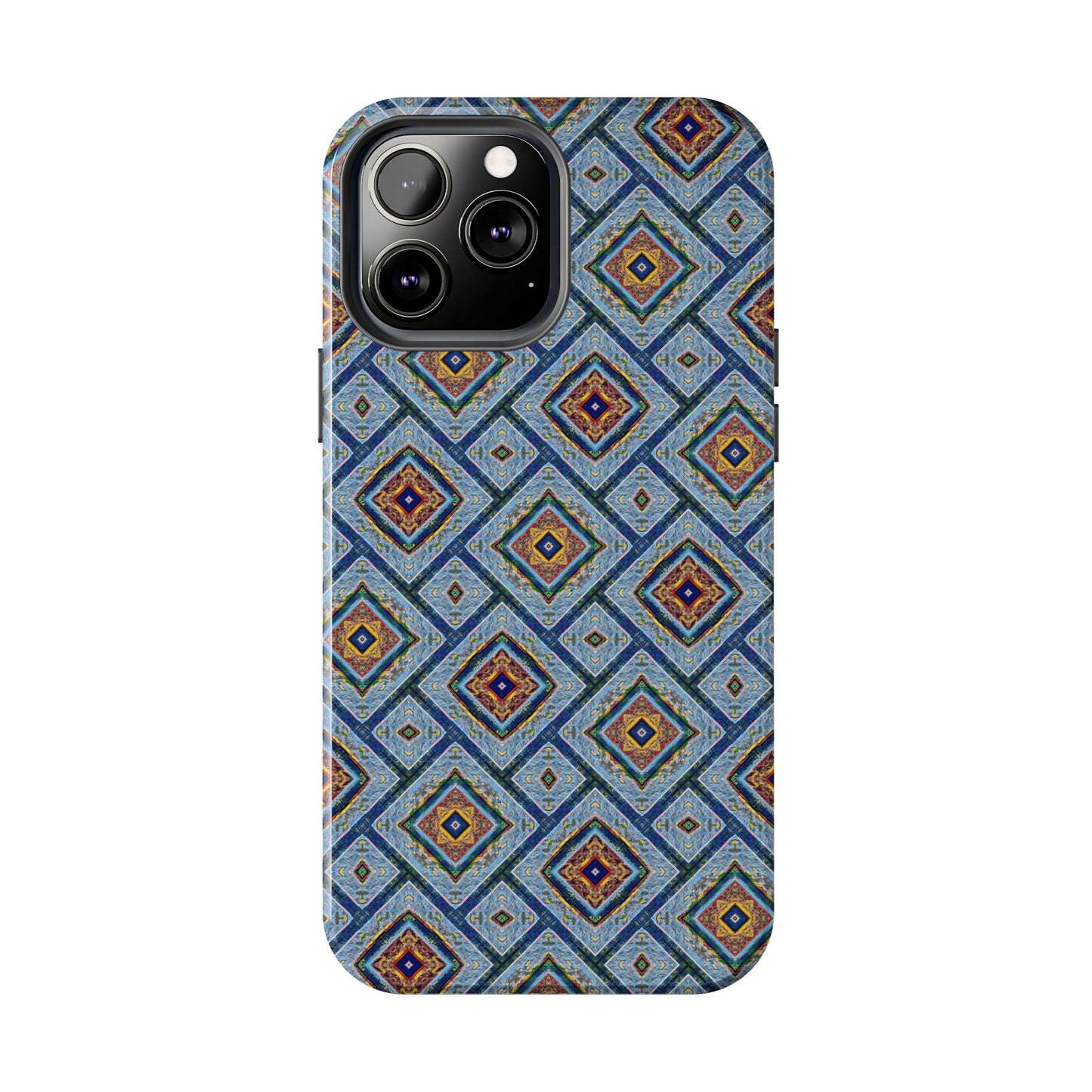 Blue Fusion Tiling Tough Case – Blue Geometric Phone Case, Modern Diamond Pattern Cover, Abstract Tile Design