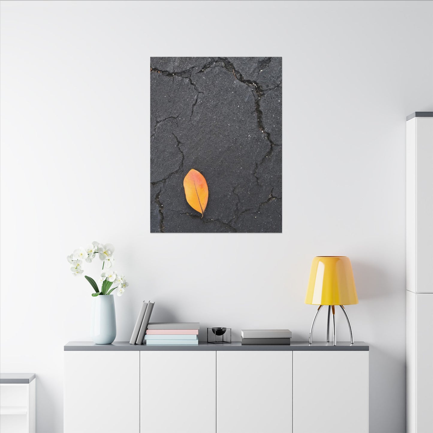 Orange Leaf Against Black Concrete Minimalistic Canvas Print – Contemporary Nature Photography Wall Art