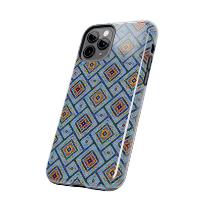 Blue Fusion Tiling Tough Case – Blue Geometric Phone Case, Modern Diamond Pattern Cover, Abstract Tile Design
