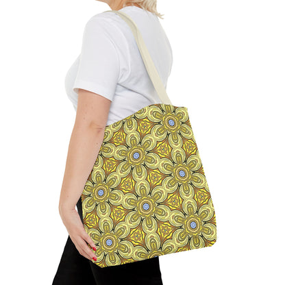 Retro Yellow Flowers Tote Bag – Geometric Floral Pattern Reusable Shopping Bag