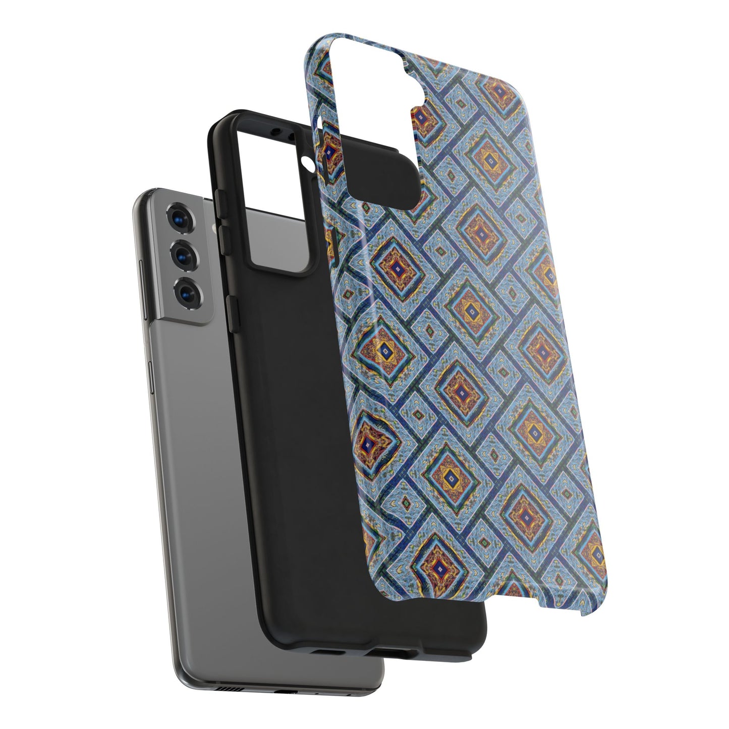 Blue Fusion Tiling Tough Case – Blue Geometric Phone Case, Modern Diamond Pattern Cover, Abstract Tile Design