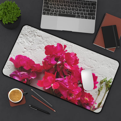 Bougainvillea Against White Stucco Wall Desk Mat – Mediterranean Floral Office Accessory, Summer Bloom Workspace Decor