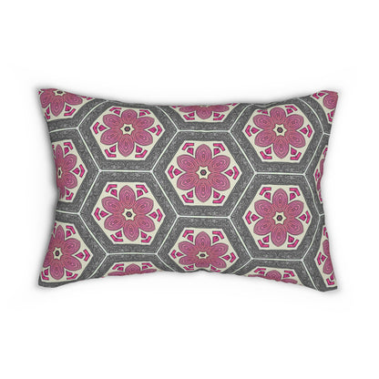 Pink & Gray Floral Lumbar Pillow – Hexagon Medallion Decorative Cushion for Boho, Modern, or Moroccan-Inspired Decor