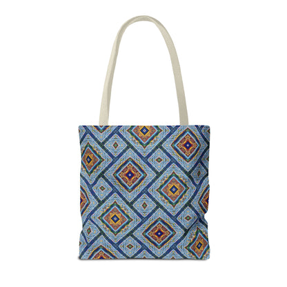 Blue Fusion Tiling Tote Bag – Blue Geometric Canvas, Modern Tile Pattern, Diamond Design Everyday Bag