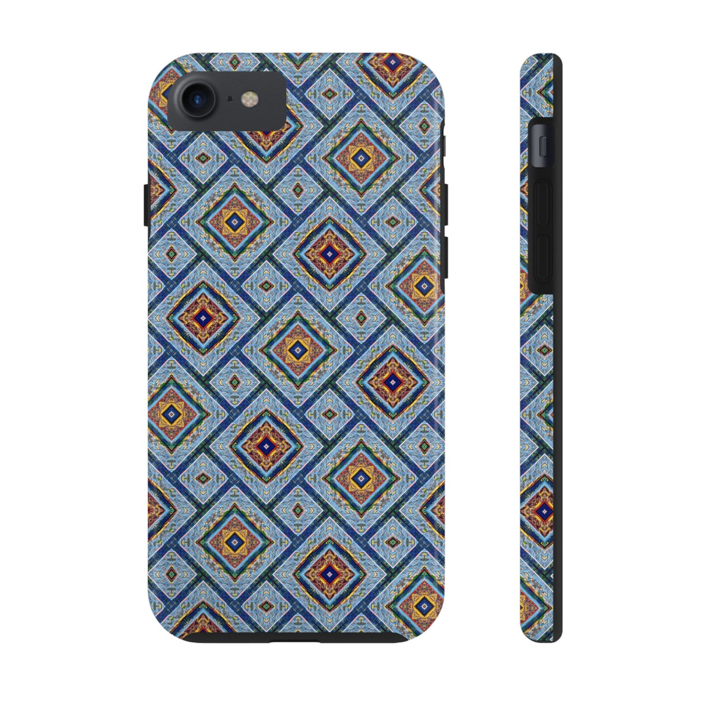 Blue Fusion Tiling Tough Case – Blue Geometric Phone Case, Modern Diamond Pattern Cover, Abstract Tile Design