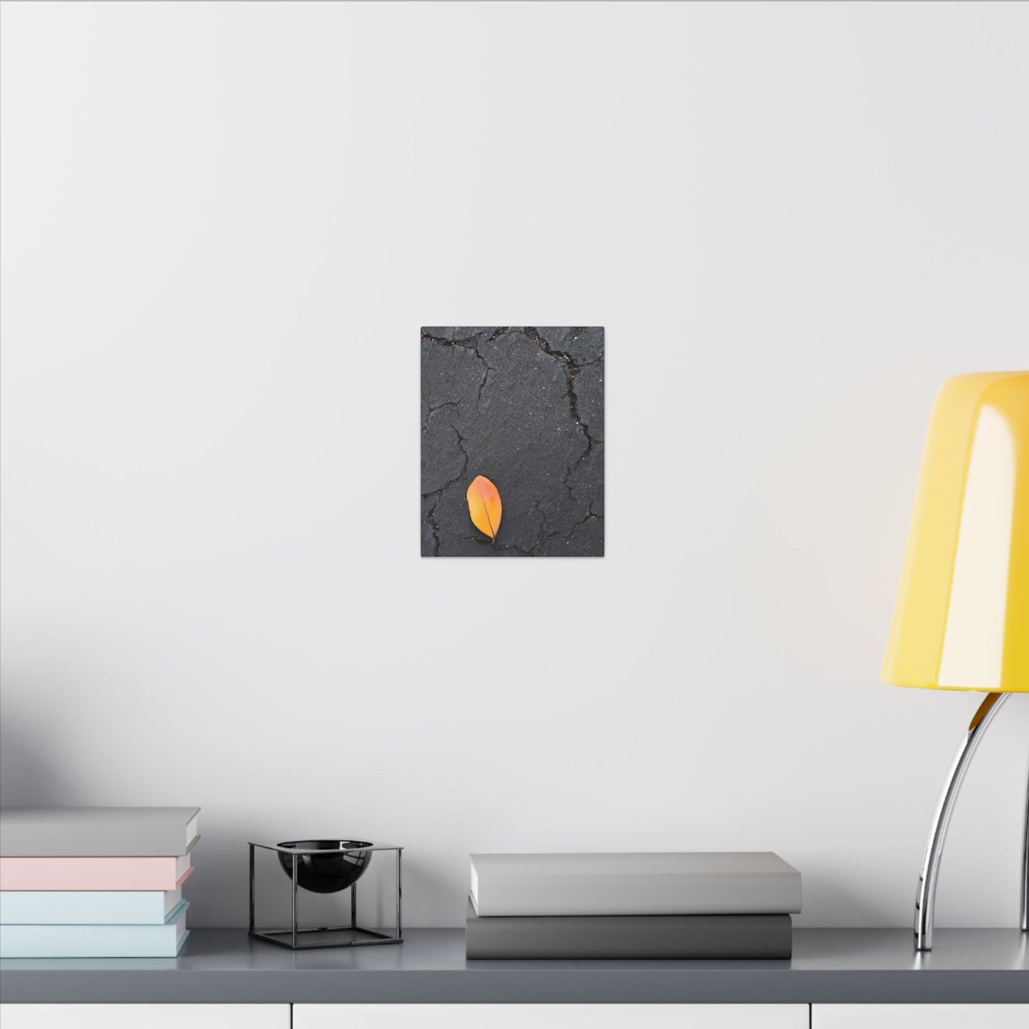 Orange Leaf Against Black Concrete Minimalistic Canvas Print – Contemporary Nature Photography Wall Art