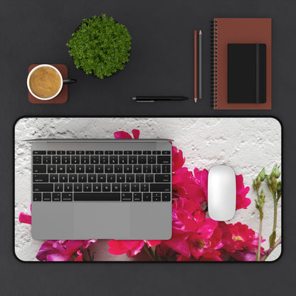 Bougainvillea Against White Stucco Wall Desk Mat – Mediterranean Floral Office Accessory, Summer Bloom Workspace Decor