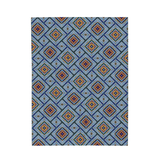 Blue Fusion Tiling Plush Velveteen Blanket – Blue Geometric Throw, Modern Tile Diamond Pattern, Cozy Abstract Blanket