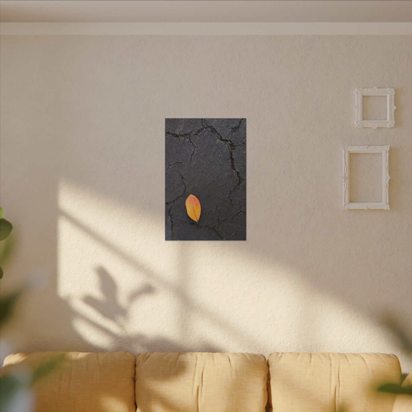 Orange Leaf Against Black Concrete Minimalistic Canvas Print – Contemporary Nature Photography Wall Art