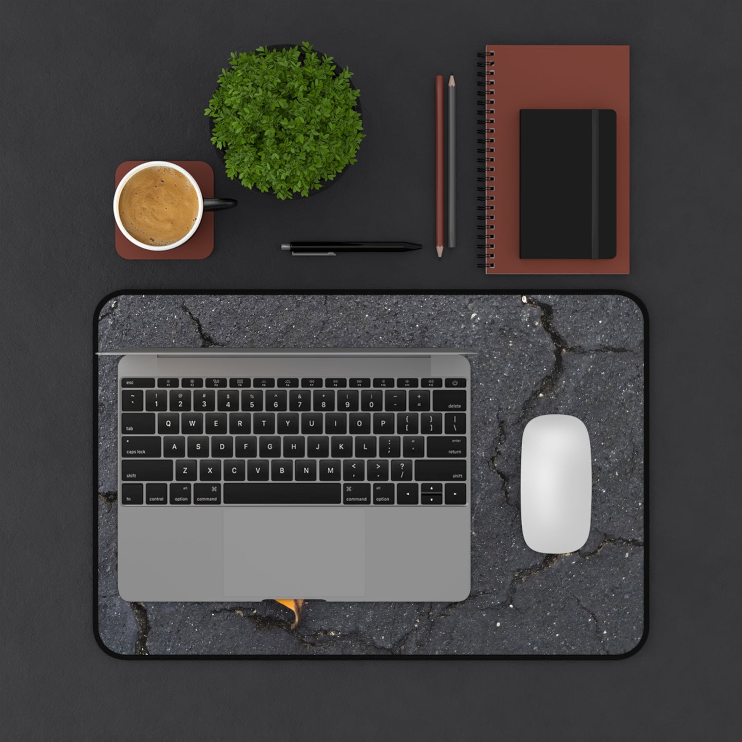 Orange Leaf Against Black Concrete Desk Mat – Minimalist Modern Nature-Inspired Tabletop Decor