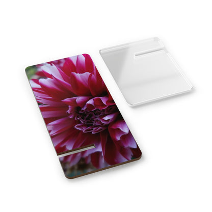 Red and White Dahlia Phone Stand – Vibrant Floral Photography Phone Accessory