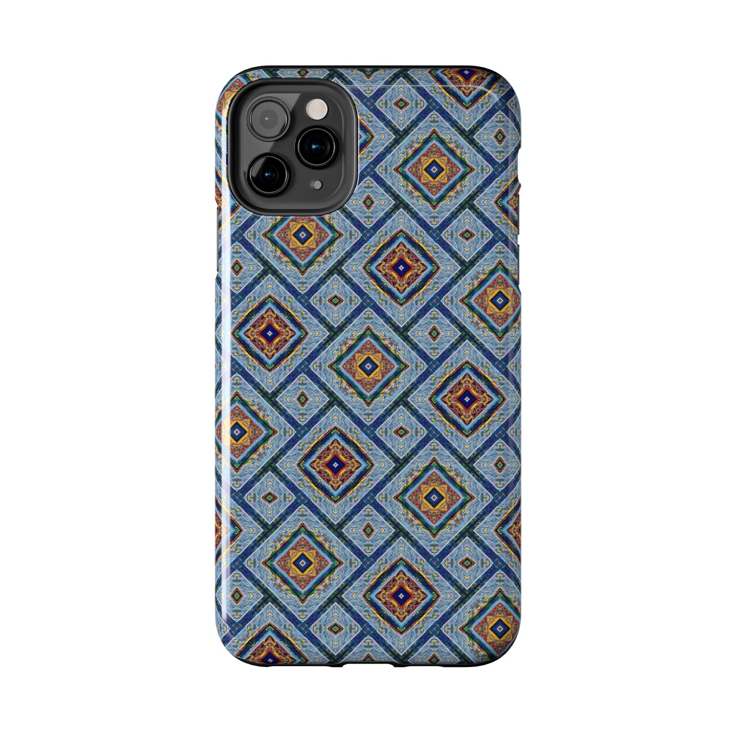 Blue Fusion Tiling Tough Case – Blue Geometric Phone Case, Modern Diamond Pattern Cover, Abstract Tile Design