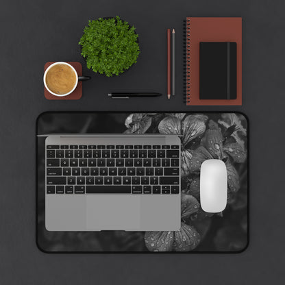 Geranium After a Light Rain Desk Mat – Moody Botanical Floral Art, Monochrome Nature-Inspired Workspace Decor