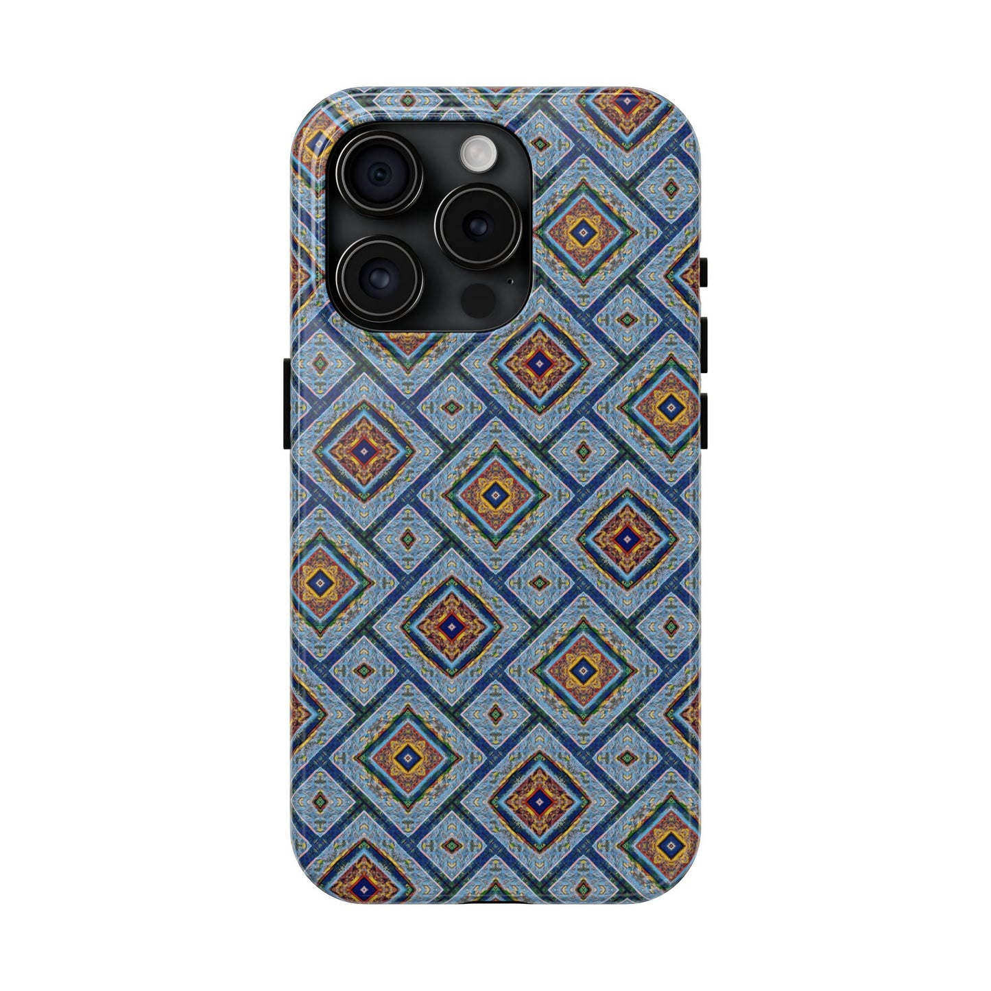 Blue Fusion Tiling Tough Case – Blue Geometric Phone Case, Modern Diamond Pattern Cover, Abstract Tile Design