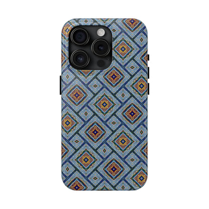 Blue Fusion Tiling Tough Case – Blue Geometric Phone Case, Modern Diamond Pattern Cover, Abstract Tile Design