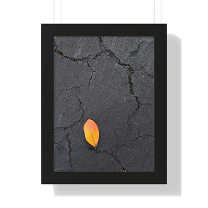 Orange Leaf on Black Concrete Framed Print – Minimalist Autumn Wall Art for Urban and Modern Rustic Decor