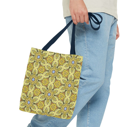 Retro Yellow Flowers Tote Bag – Geometric Floral Pattern Reusable Shopping Bag