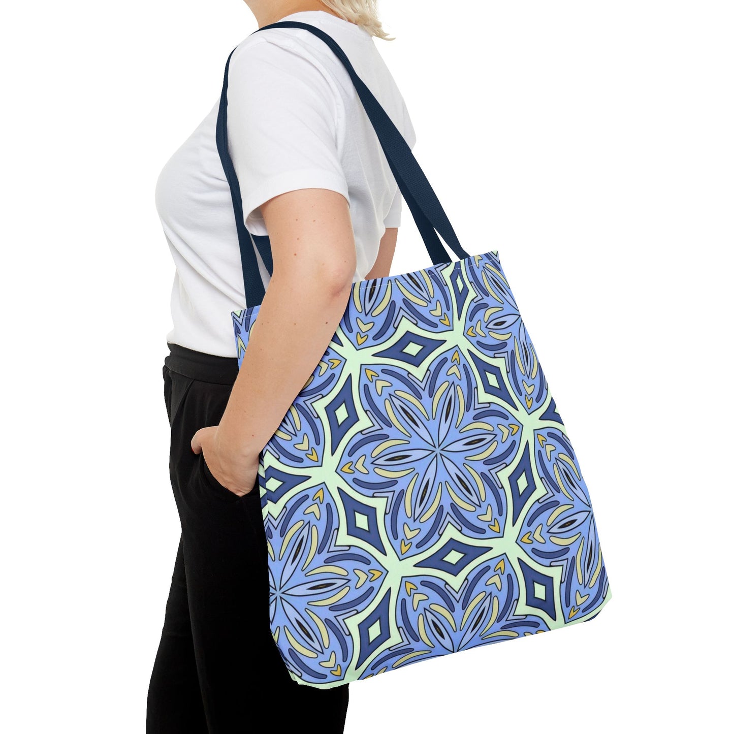 Pale Cornflower Blue and Yellow Tote Bag – Geometric Floral Pattern Reusable Shopping Bag for Everyday Use