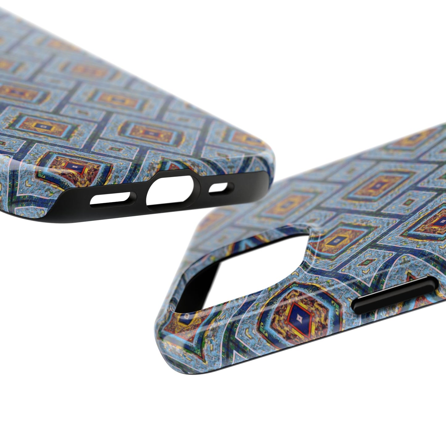 Blue Fusion Tiling Tough Case – Blue Geometric Phone Case, Modern Diamond Pattern Cover, Abstract Tile Design