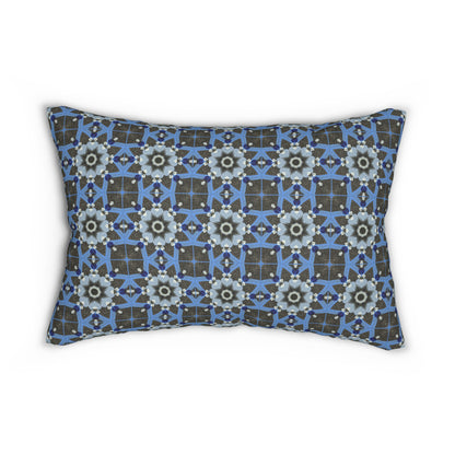 Blue Quilt Pattern Lumbar Pillow – Geometric Floral Decorative Pillow for Modern Decor