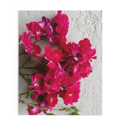 Bougainvillea Against White Stucco Wall Puzzle – Mediterranean Floral Jigsaw, Cottagecore Botanical Art Puzzle