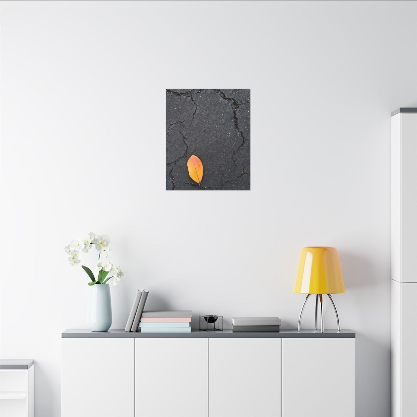 Orange Leaf Against Black Concrete Minimalistic Canvas Print – Contemporary Nature Photography Wall Art