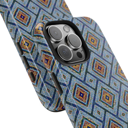Blue Fusion Tiling Tough Case – Blue Geometric Phone Case, Modern Diamond Pattern Cover, Abstract Tile Design