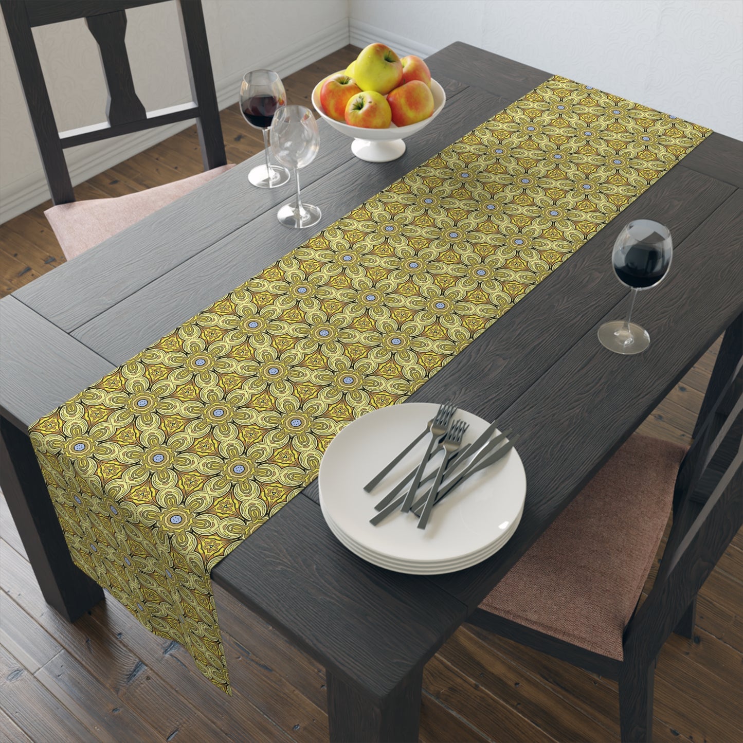 Retro Yellow Flowers Table Runner – Geometric Floral Dining Room & Kitchen Decor