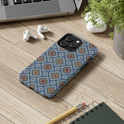 Blue Fusion Tiling Tough Case – Blue Geometric Phone Case, Modern Diamond Pattern Cover, Abstract Tile Design