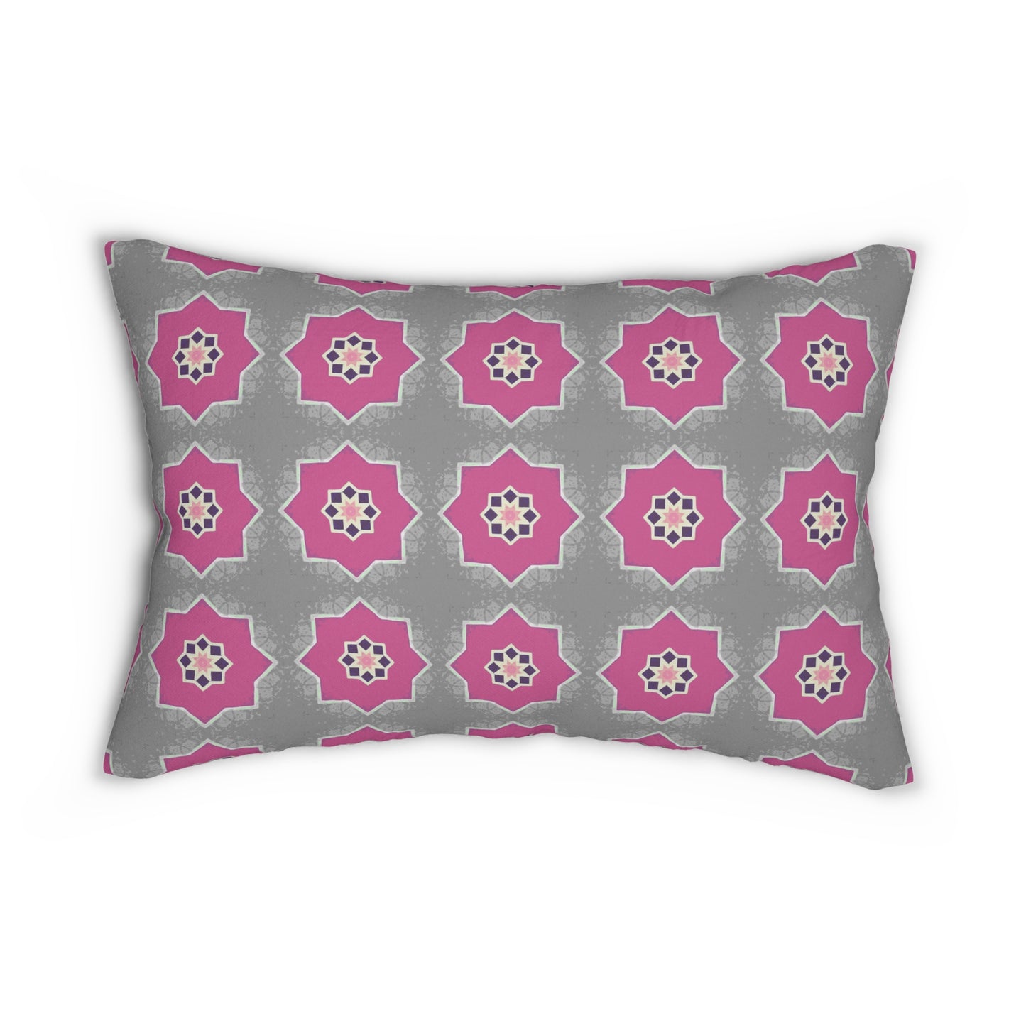 Pink and Gray Floral Lumbar Pillow – Geometric Tile Pattern Cushion for Modern or Boho Chic Decor