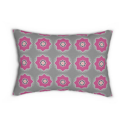 Pink and Gray Floral Lumbar Pillow – Geometric Tile Pattern Cushion for Modern or Boho Chic Decor