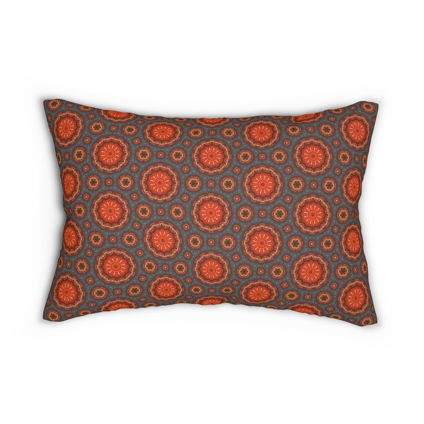 Fiery Sunburst Mandala Lumbar Pillow – Boho Orange and Gray Accent Throw Pillow for Modern or Eclectic Home Decor