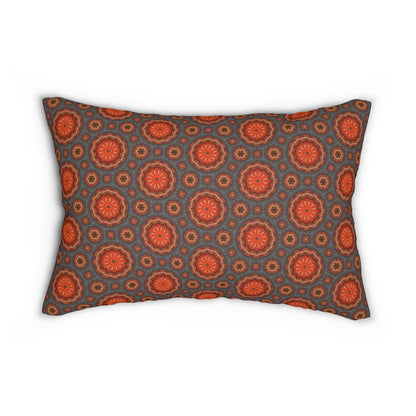 Fiery Sunburst Mandala Lumbar Pillow – Boho Orange and Gray Accent Throw Pillow for Modern or Eclectic Home Decor