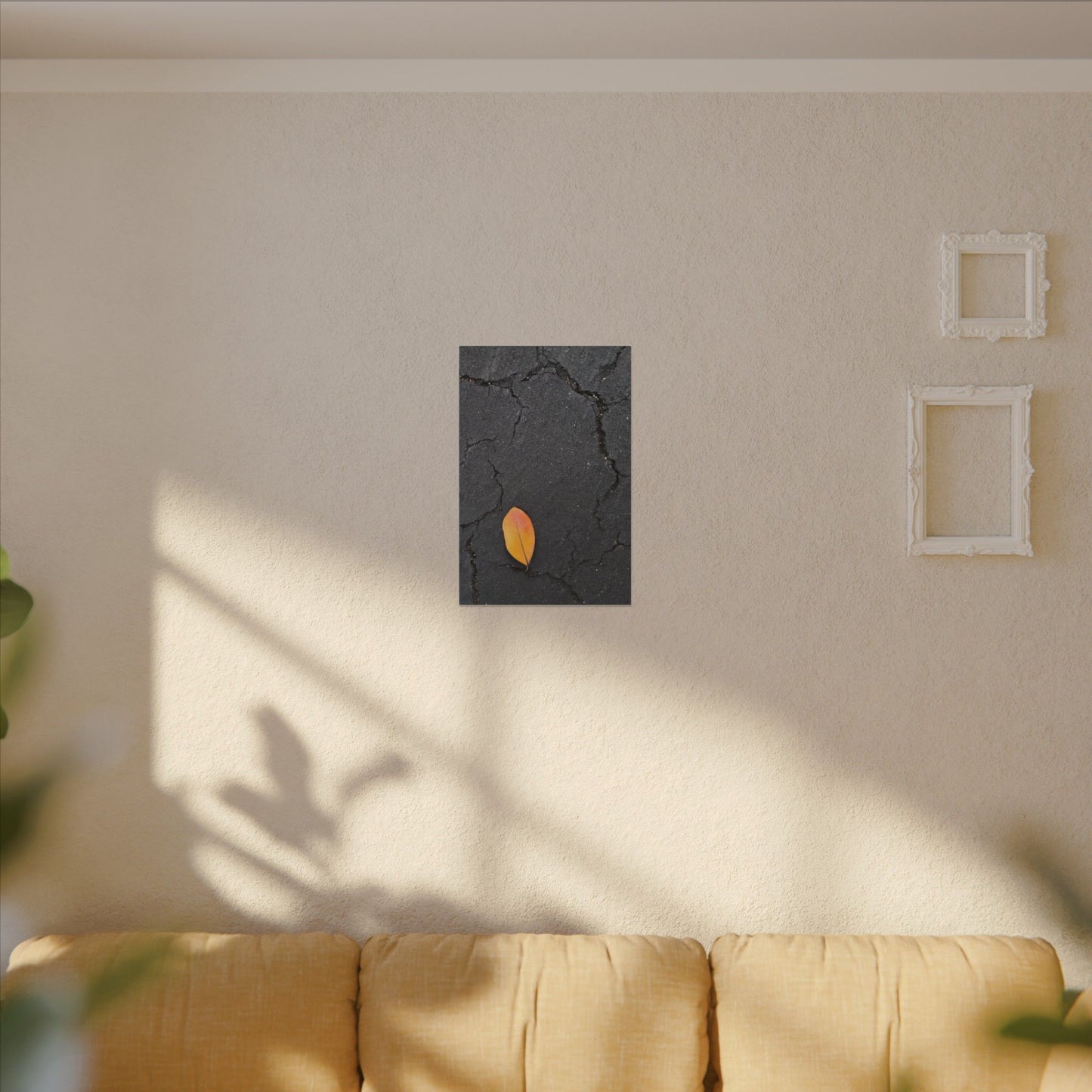 Orange Leaf Against Black Concrete Minimalistic Canvas Print – Contemporary Nature Photography Wall Art