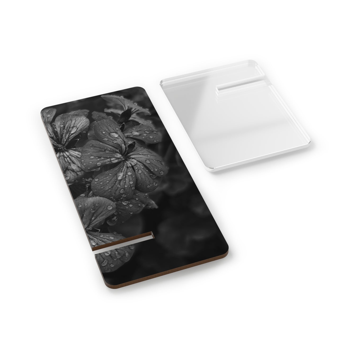 Geranium After a Light Rain Phone Stand – Moody Botanical Floral Photography Holder, Nature-Inspired Desk Accessory