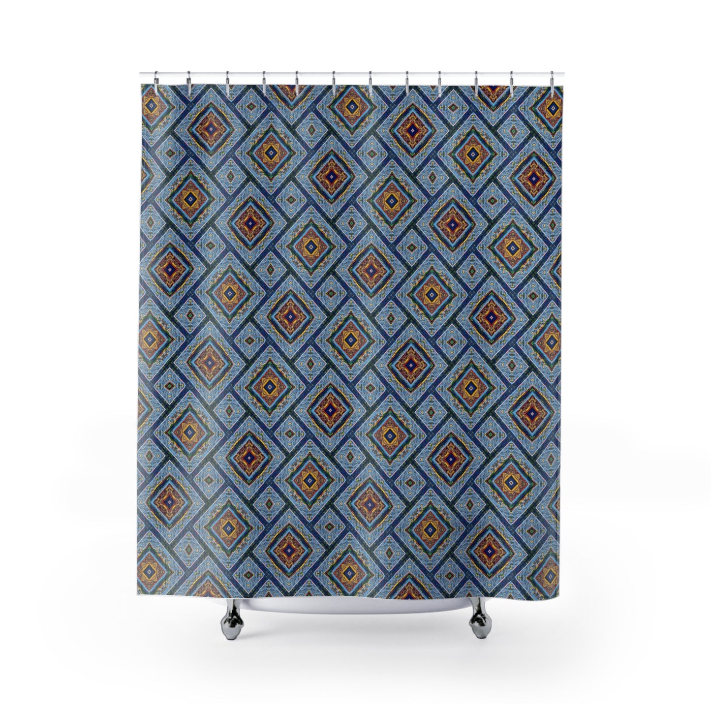 Blue Fusion Tiling Shower Curtain – Blue Geometric Bathroom Decor, Modern Tile Pattern, Diamond Design Curtain