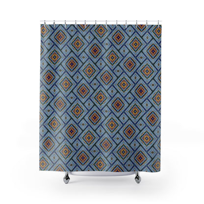 Blue Fusion Tiling Shower Curtain – Blue Geometric Bathroom Decor, Modern Tile Pattern, Diamond Design Curtain