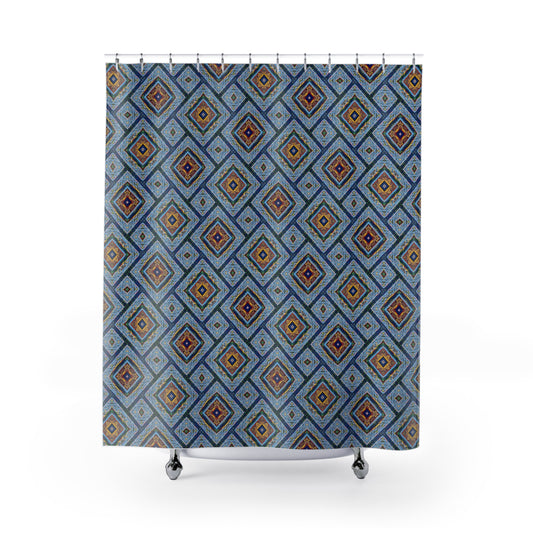Blue Fusion Tiling Shower Curtain – Blue Geometric Bathroom Decor, Modern Tile Pattern, Diamond Design Curtain