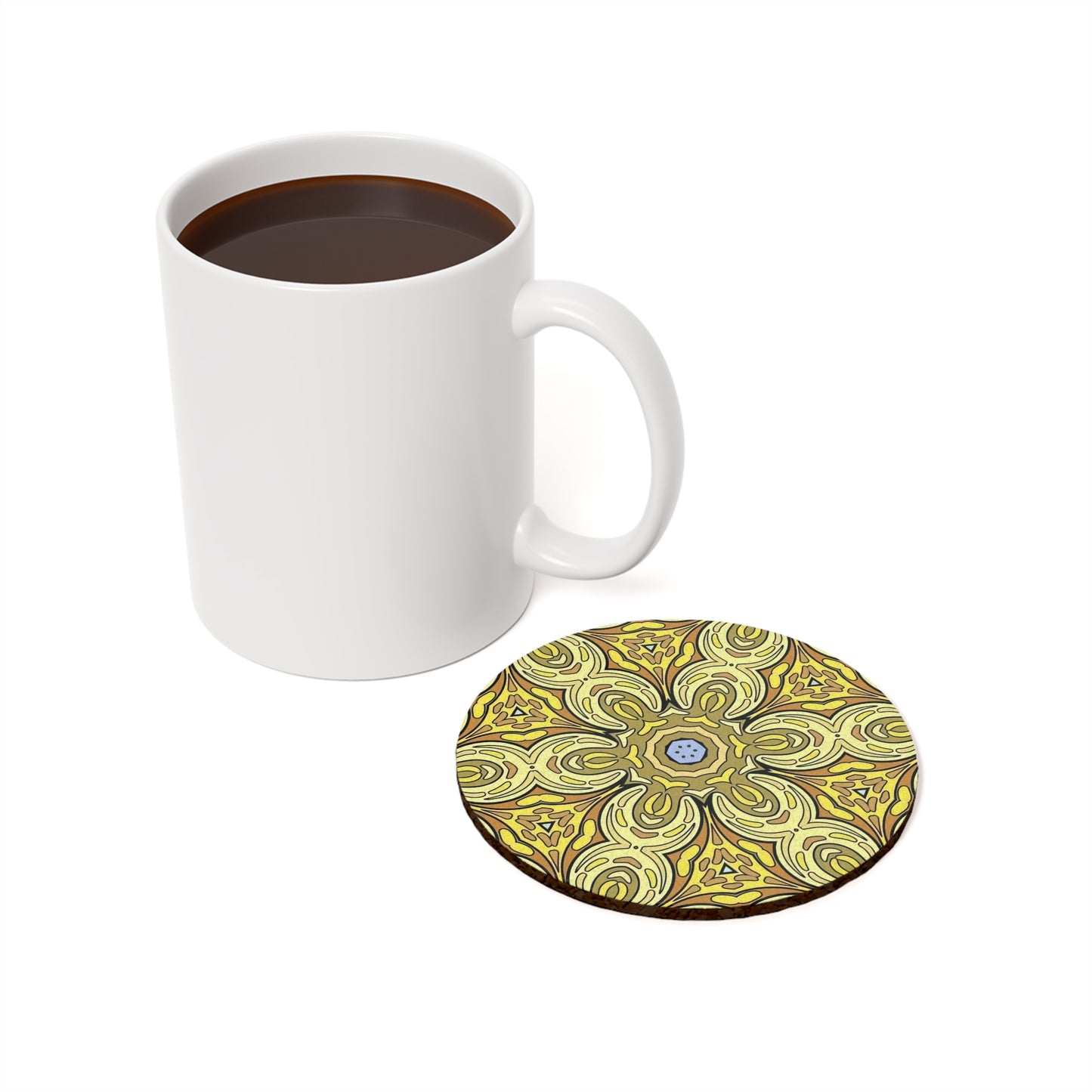 Retro Yellow Flowers Cork Coaster Set – Geometric Pattern Drink Coasters for Home Decor