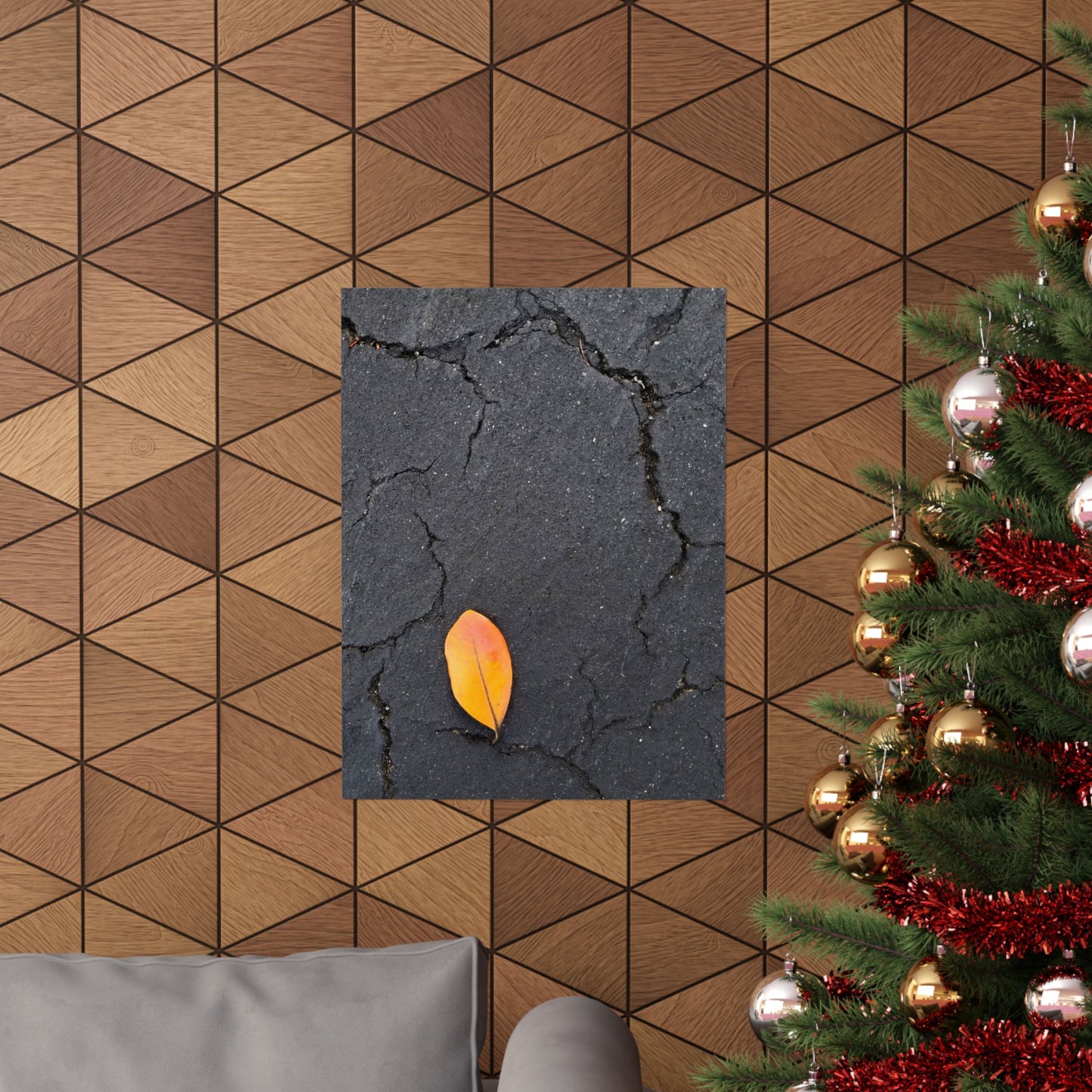 Orange Leaf Against Black Concrete Poster – Minimalist Nature Photography Wall Art