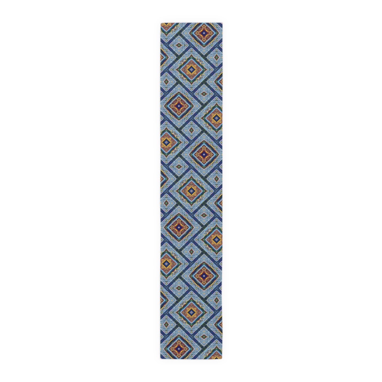 Blue Fusion Tiling Table Runner – Blue Geometric Dining Decor, Modern Tile Pattern Runner