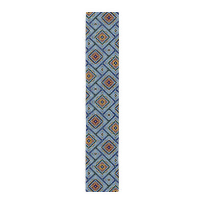 Blue Fusion Tiling Table Runner – Blue Geometric Dining Decor, Modern Tile Pattern Runner