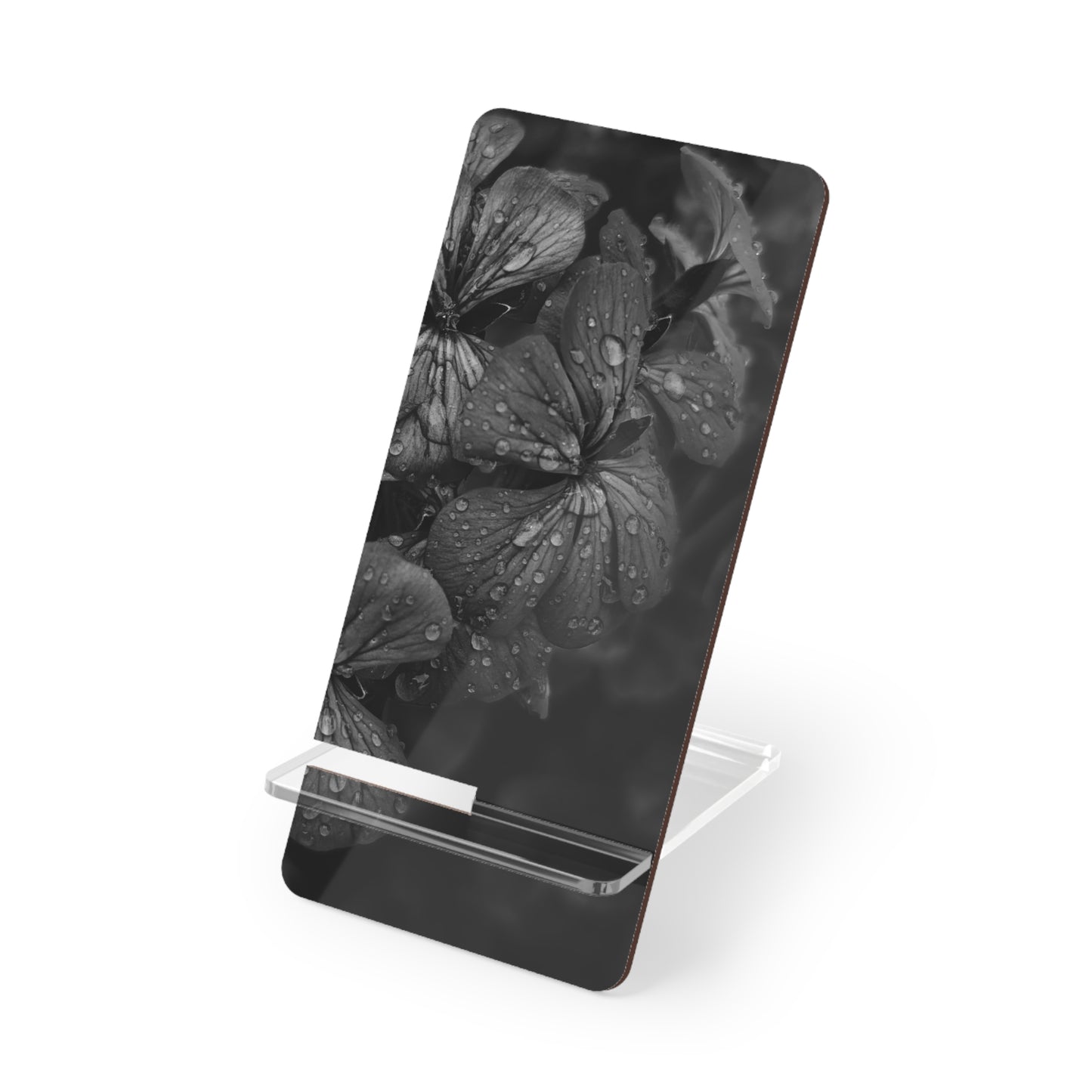 Geranium After a Light Rain Phone Stand – Moody Botanical Floral Photography Holder, Nature-Inspired Desk Accessory