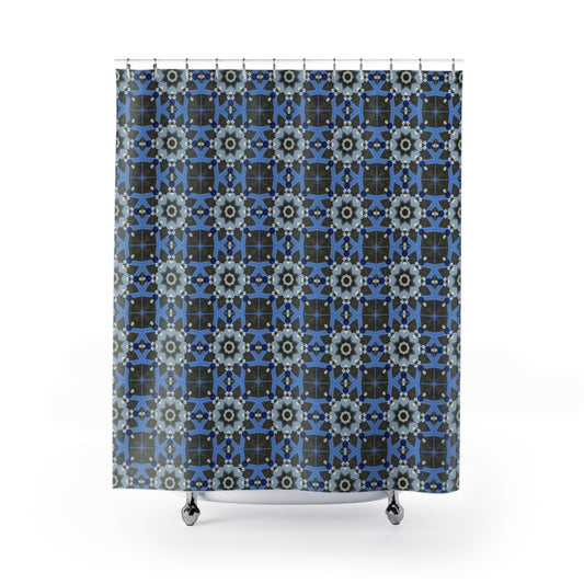Blue Quilt Pattern Shower Curtain – Quilted Bathroom Decor, Patchwork Vintage Tile Fabric Curtain