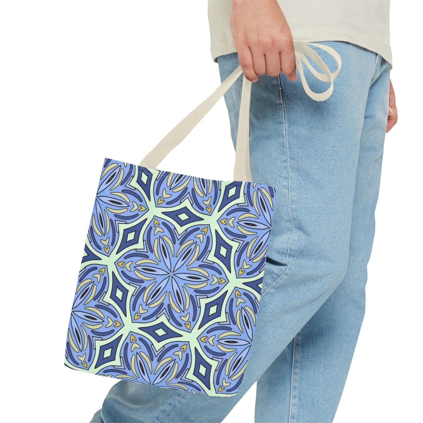 Pale Cornflower Blue and Yellow Tote Bag – Geometric Floral Pattern Reusable Shopping Bag for Everyday Use
