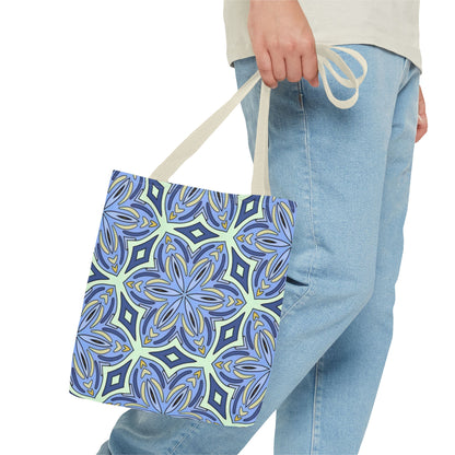 Pale Cornflower Blue and Yellow Tote Bag – Geometric Floral Pattern Reusable Shopping Bag for Everyday Use