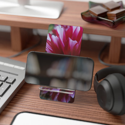 Red and White Dahlia Phone Stand – Vibrant Floral Photography Phone Accessory