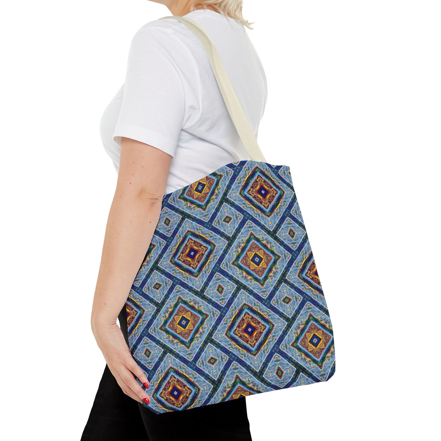 Blue Fusion Tiling Tote Bag – Blue Geometric Canvas, Modern Tile Pattern, Diamond Design Everyday Bag