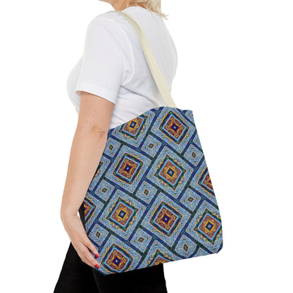 Blue Fusion Tiling Tote Bag – Blue Geometric Canvas, Modern Tile Pattern, Diamond Design Everyday Bag