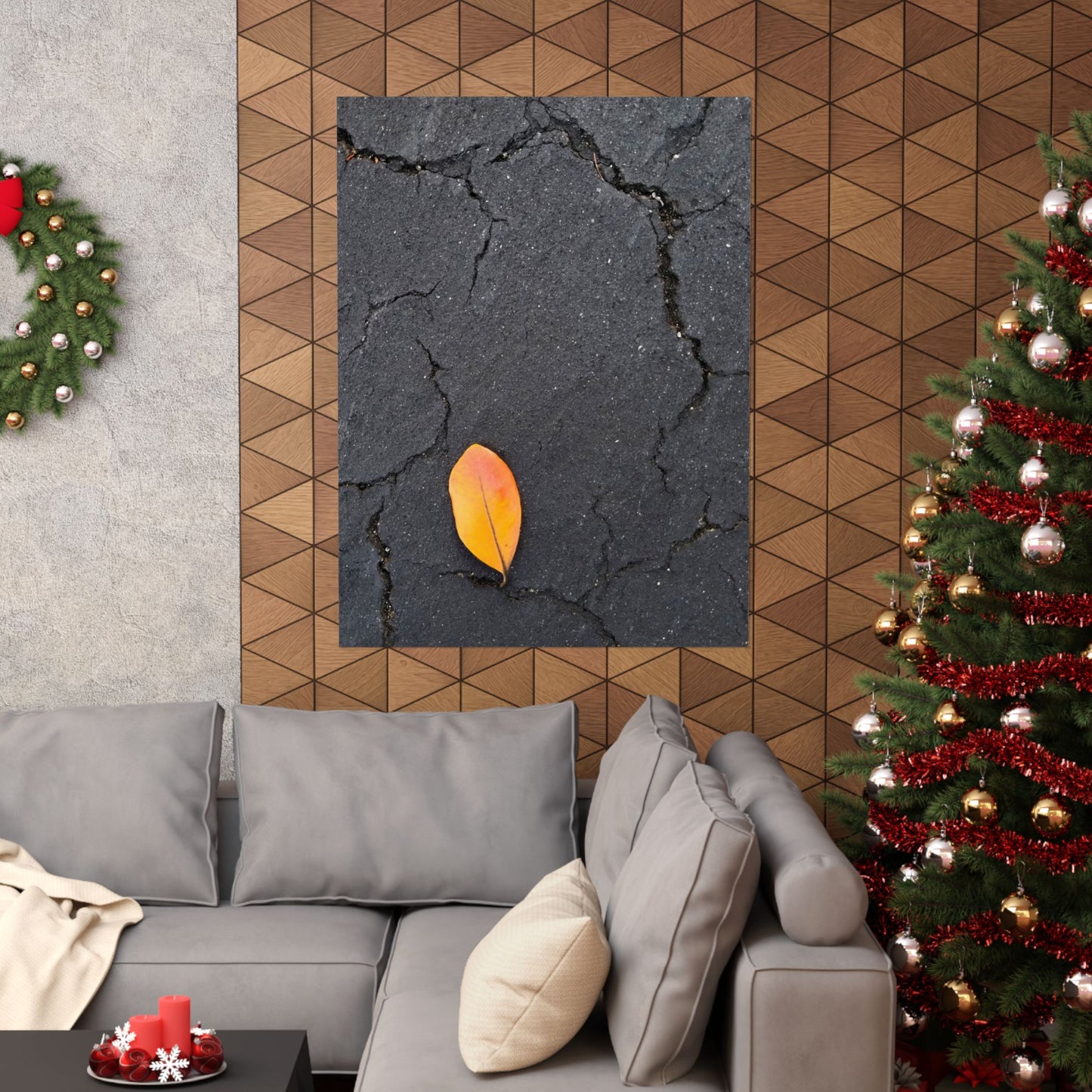 Orange Leaf Against Black Concrete Poster – Minimalist Nature Photography Wall Art
